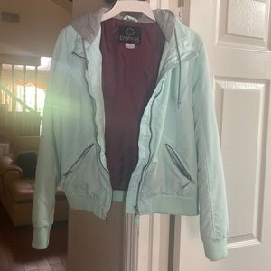 Light teal puffer zip up hooded jacket